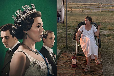 An image from Netflix series 'The Crown' on the left and drama film 'Nomadland' on the right.