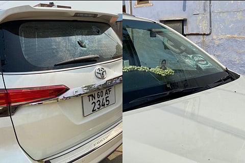 The damages to the windowpane and the rear glass of the car