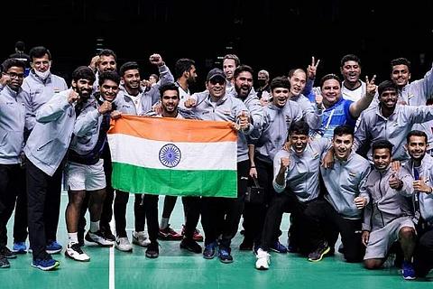 Team India after defeating Thailand at the Thomas Cup finals