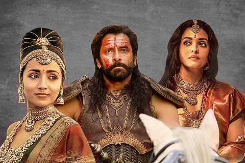Trisha as Kundavai (L), Vikram as Aditha Karikalan, and Aishwarya Rai as Nandini (R)