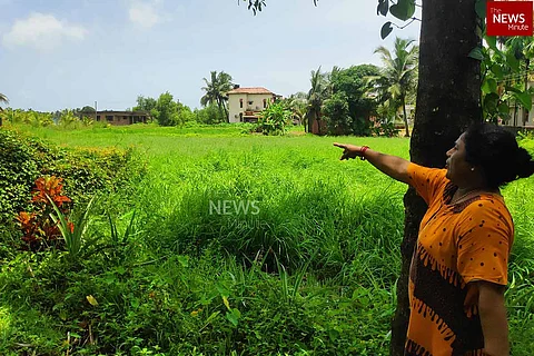A woman points to her paddy fields