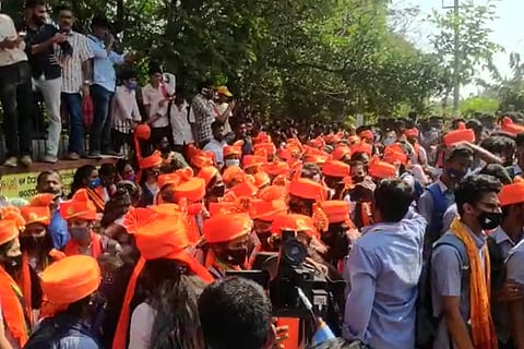 Students wearing saffron turbans protesting at MGM College in Udupi on February 8.