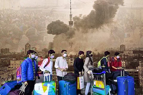 A stylised image showing war-torn Ukraine in the background and Indian students with their luggage in the foreground
