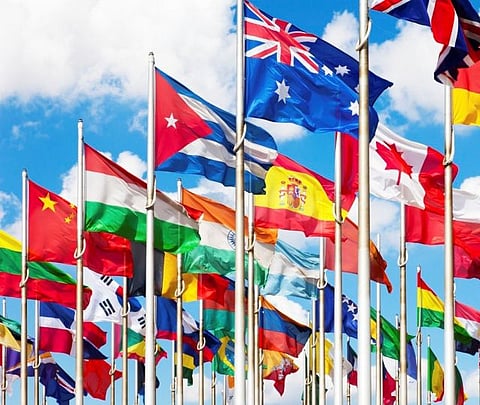 The flags of several countries outside the United Nations headquarters