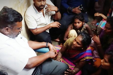 VCK founder Thol Thirumavalavan with the family members of the deceased Suriya