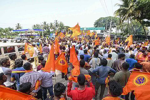 Members of Vishwa Hindu Parishad and other Sangh Parivar affiliated organisations chanting Hanuman Chalisa gather during the Srirangapatna Chalo protest, in Mandya district, Saturday, June 4, 2022.