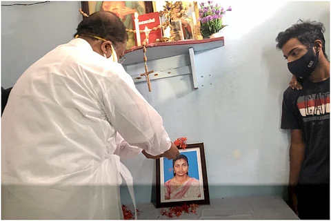 Union minister of State V Muraleedharan at the home of Soumya Santhosh, Indian woman killed in Hamas attack in Israel