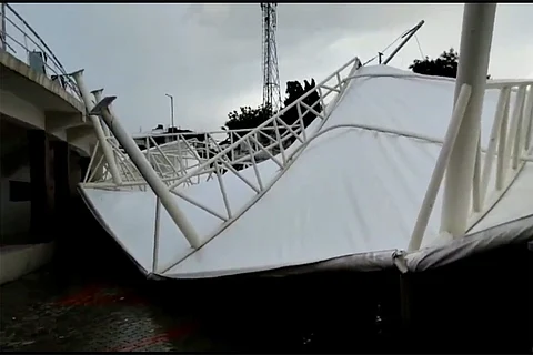 The collapsed roof of VOC Stadium, Tirunelveli, Tamil Nadu