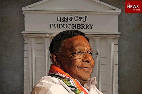 Stylized image of Puducherry former Chief Minister Narayanasamy against he background of the Assembly building