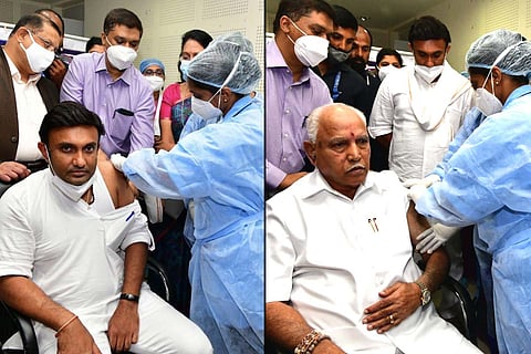 Chief Minister Yediyurappa and Health Minister Dr K Sudhakar receiving COVID-19 vaccine