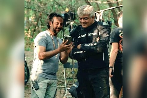 Ajith on the sets of Valimai in Russia.