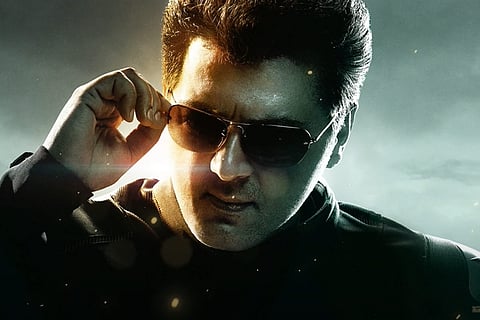 Ajith wearing a leather jacket adjusting his shades in the motion poster of Valimai