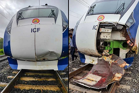 A collage of Vande Bharat train after colliding with cattle.