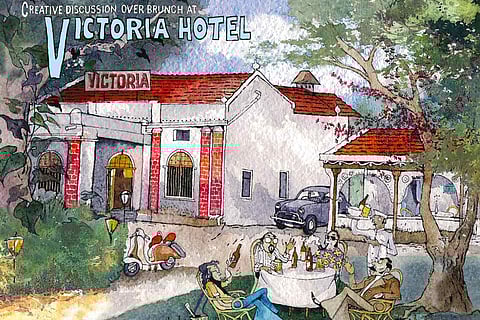 An illustration of Bengaluru’s Victoria Hotel made by artist Paul Fernandes
