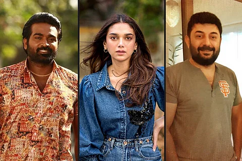 Actors Vijay Sethupathi (L), Aditi Rao Hydari, and Arvind Swamy (R)