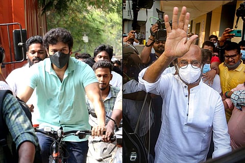Actor Vijay arriving to the polling booth in a bicycle on the left and actor Rajinikanth waving at fans outside his polling booth at Stella Maris College on the right.