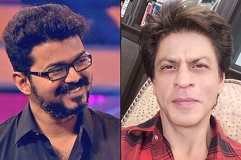 Kollywood actor Vijay on the left and Bollywood actor Shah Rukh Khan on the right.