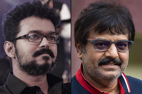 Actor Vijay is seen on the left and late actor Vivek on the right.