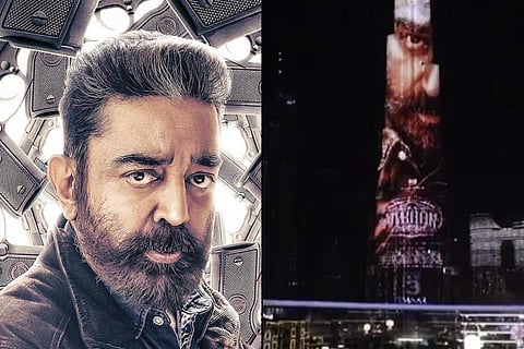 Actor Kamal Haasan (L) and glimpse video of Vikram on Burf Khalifa (R)