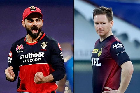 A collage of RCB captain Virat Kohli and KKR captain Eoin Morgan