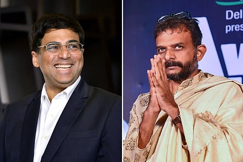Collage of Vishwanathan Anand on the left and TM Krishna on the right