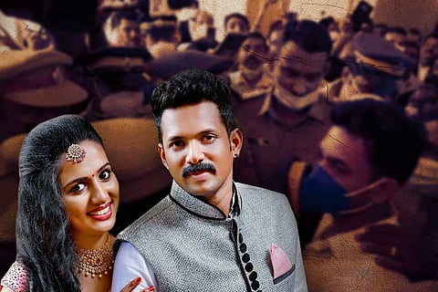 Vismaya and Kiran against the backdrop of him being taken by police