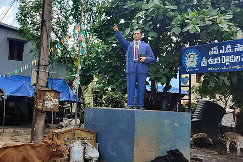 Ambedkar statue at the entrance of Relli street in Sakethapuram, Visakhapatnam.