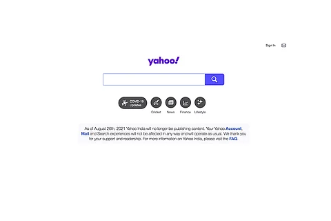 Screenshot of Yahoo India homepage on August 26, 2021