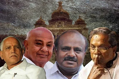 A collage of BS Yediyurappa, HD Kumaraswamy, HD Devegowda, and Siddaramaiah