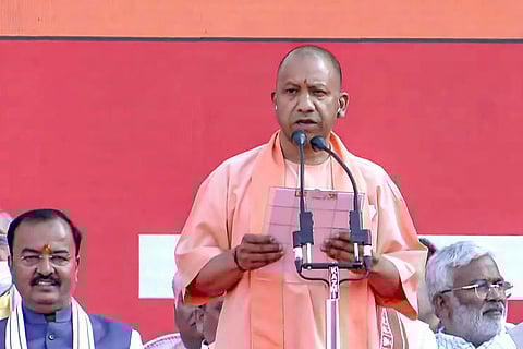 A screenshot of Yogi Adityanath taking oath as the Chief Minister of Uttar Pradesh for a second time