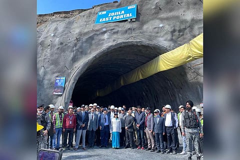 Union Minister Nitin Gadkari and team at the entrance of the Zojila Tunnel