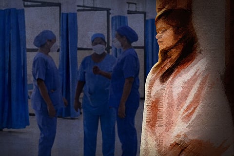 Stylised image of a woman against the backdrop of medical staff inside a hospital
