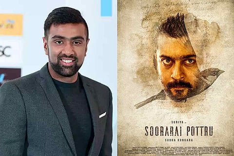 Cricketer Ravichandran Ashwin and Soorarai Pottru poster