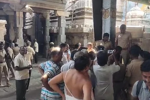 Police investigating at the Avinashilingeshwar temple