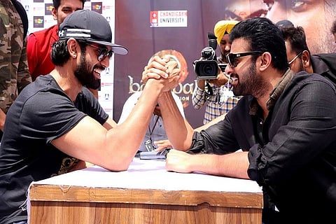 Baahubali vs Bhallala Deva: Prabhas and Rana Daggubati arm wrestle in Chandigarh