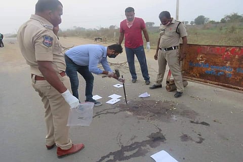 A police clues team collecting evidence from the scene of the Telangana lawyer couple’s murder