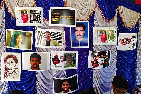 At a protest for Fathima, a backdrop tells the story of institutional discrimination