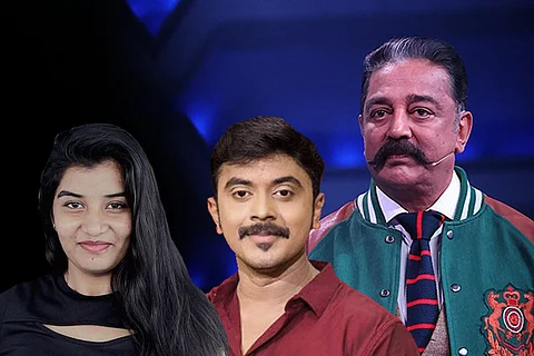 Bigg Boss Tamil 4 contestants Dhanalakshmi and Azeem, along with host Kamal Haasan