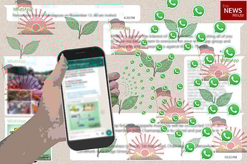 A graphic of a WhatsApp chat with a background of WhatsApp logos