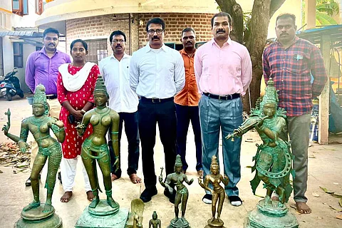 Members of the Tamil Nadu Idol Wing after recovering stolen idols in Puducherry