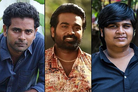 Director Alphonse Puthren on the left, actor Vijay Sethupathi in the centre, director Karthik Subbaraj on the right.