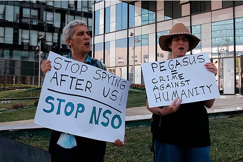 Israeli activists protest outside NSO Group’s offices in Herzliya, Israel, last year