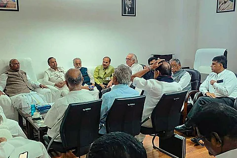 Congress President and Leader of the Opposition in Rajya Sabha Mallikarjun Kharge in a meeting with other leaders of the INDIA alliance parties