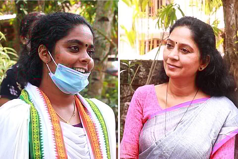 A collage of Kayamkulam Assembly poll candidates UDF's Aritha Babu in a white Congress shawl and LDF's Prathibha Hari in a lilac saree and pink blouse