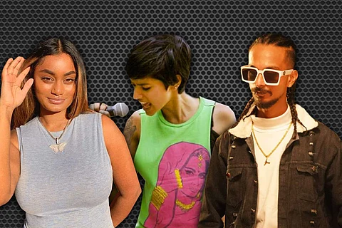 Musician Pritt on the left, rapper Sofia Ashraf in the centre and rapper Tony Sebastian on the right