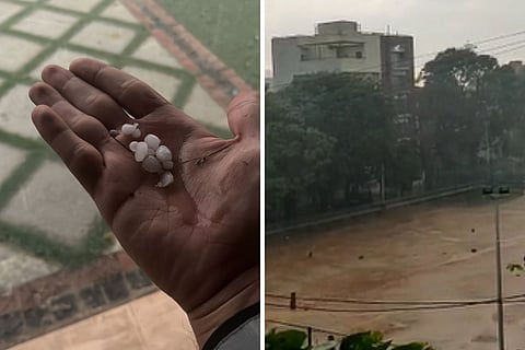 Hailstones in person's hand, ground inundated