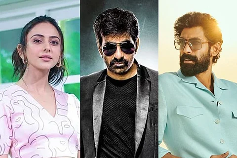 Collage of Rakul Preet and Ravi Teja and Rana Daggubati