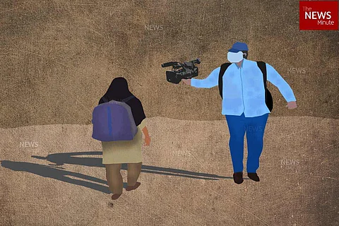 Illustration of a reporter chasing a hijab-clad student at a school in Karnataka