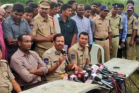 A press meet held by then Cyberabad Commissioner VC Sajjanar at the encounter site in 2019