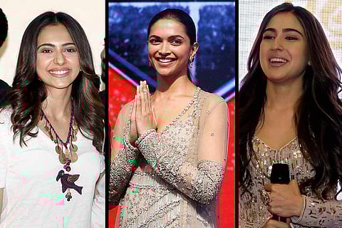 A collage of actors Deepika Padukone, Sara Ali Khan and Rakul Preet Singh